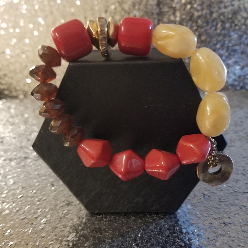 Red Brown Cream Bead Charm Bracelet